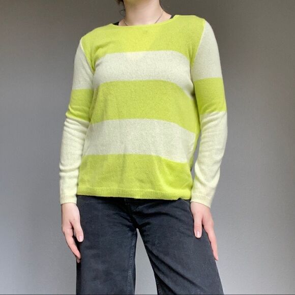 Luisa Cerano Lime Green White Cashmere Light Weight Pullover Sweater Sz M - Picture 10 of 11
